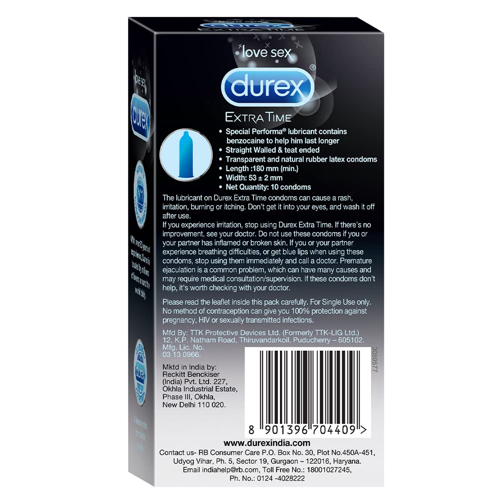 Durex Extra Time Condoms for Men - 10 Count Performa Lubricant for Long Lasting Climax Delay Suitable for use with lubes & toys