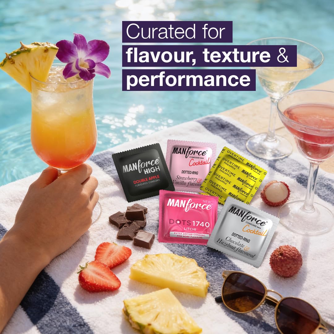 MANFORCE Cocktail Edition Combo Pack Condoms Mix Flavours (Chocolate-Hazelnut, Strawberry-Vanilla, Double Apple, Pineapple & Litchi) Premium Latex Dotted & Ribbed Extra Pleasure 20 Sheets