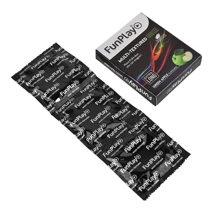 FUNPLAY Green Apple Multi Texture Condoms 3 Count Flavoured & Textured Condoms For Enhanced Comfort & Pleasure Lubricated Latex Pack of 1