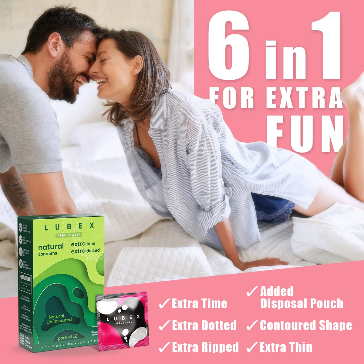 Lubex 6 in 1 Extra Time Condoms - Long Lasting with Disposable Bags - Ultra Thin & Extra Dotted - Natural Unflavoured - 12 Condom (Pack of 1)