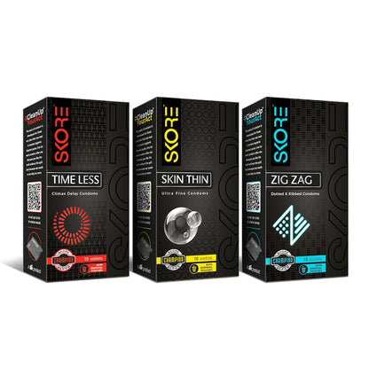 Skore Skin Thin, Timeless and Zig Zag Condoms - 3 Packs (10 pieces per pack)