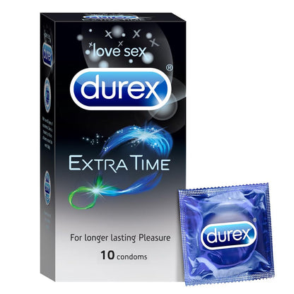 Durex Extra Time Condoms for Men - 10 Count Performa Lubricant for Long Lasting Climax Delay Suitable for use with lubes & toys