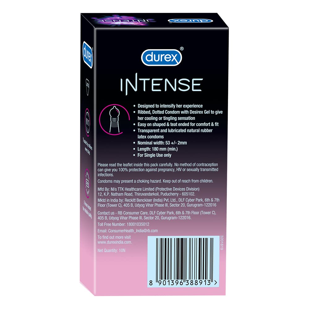 Durex Intense Condoms for her - 10 Count Dotted and Ribbed condom with Desirex gel