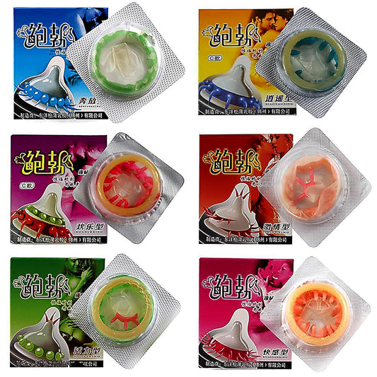 JoyStick Natural Latex Condoms, Dotted and Ribbed Style, Standard Size, Long Time Delay, Set of 6