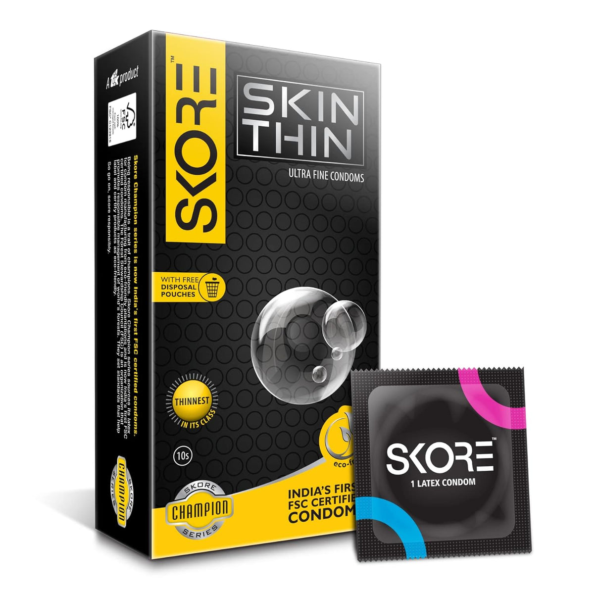Skore SkinThin Ultra Fine Thin Condoms With Disposal Pouches -1 Pack (10 pieces)