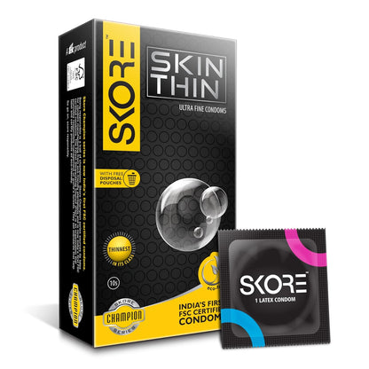 Skore SkinThin Ultra Fine Thin Condoms With Disposal Pouches -1 Pack (10 pieces)