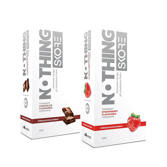 Skore Nothing Thinnest Pleasure Condoms Flavored Chocolate & Strawberry With Disposal Pouches Pack of 2 10's each