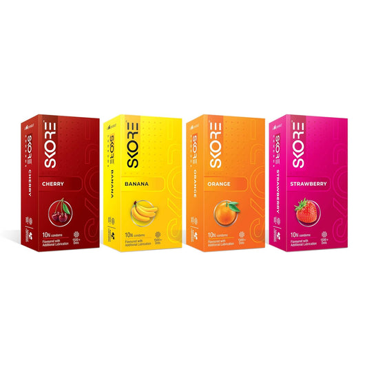 Skore Fruit Basket Condoms Combo Flavoured - Orange, Banana, Cherry & Strawberry Coloured) - 10 Pieces, Pack of 4