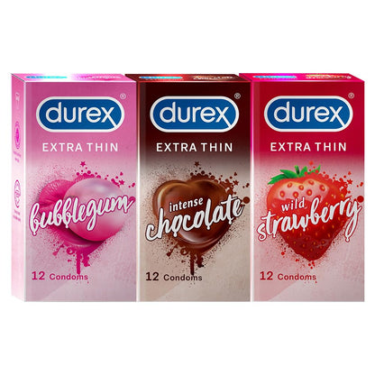 Durex Extra Thin Flavoured Condoms, 12s, Pack of 3 (Bubblegum + Chocolate + Strawberry)