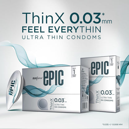Manforce Epic Thinx Ultra Thin Condoms for Men - 10 count 0.03mm Vegan No Harsh Chemicals Easy peel pack with disposable pouch