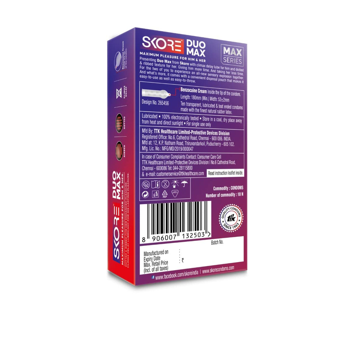 Skore Duo Max - Premium Condoms for Him and Her Dotted & Ribbed with Disposal Pouches 1 Pack (10 pieces)