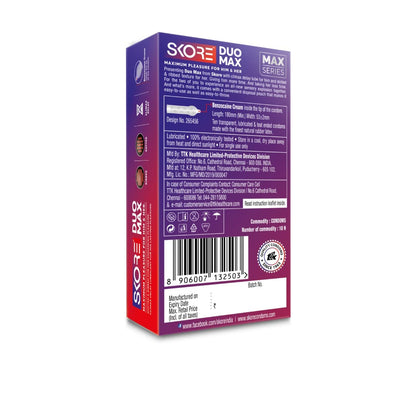 Skore Duo Max - Premium Condoms for Him and Her Dotted & Ribbed with Disposal Pouches 1 Pack (10 pieces)