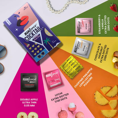 MANFORCE Cocktail Edition Combo Pack Condoms Mix Flavours (Chocolate-Hazelnut, Strawberry-Vanilla, Double Apple, Pineapple & Litchi) Premium Latex Dotted & Ribbed Extra Pleasure 20 Sheets