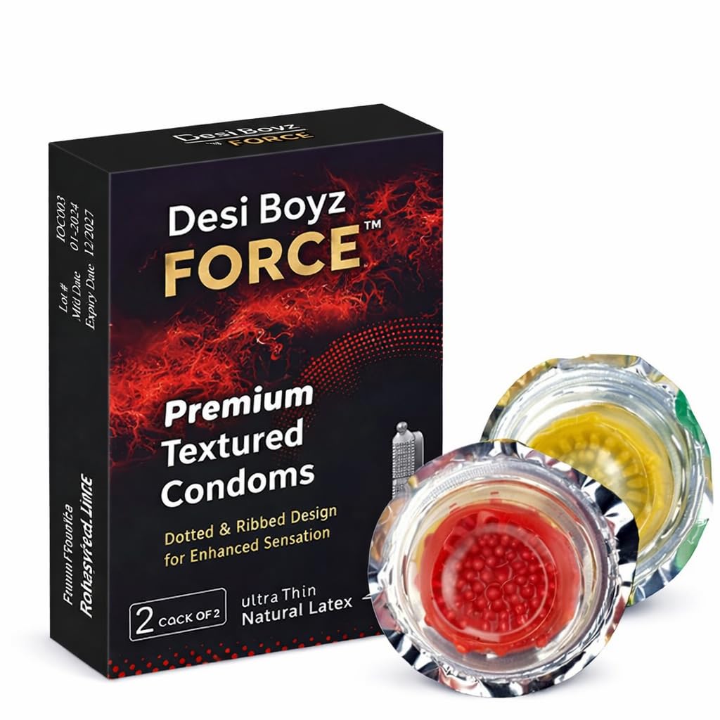 Desi Boyz Force™ Premium Textured Condoms Dotted & Ribbed Design for Enhanced Sensation Ultra Thin Latex Comfortable Fit Pack of 2