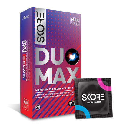 Skore Duo Max - Premium Condoms for Him and Her Dotted & Ribbed with Disposal Pouches 1 Pack (10 pieces)
