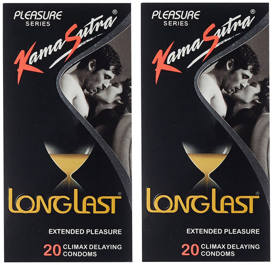 KamaSutra Pleasure Series LongLast Condoms for Men, Contains Active Ingredient for Climax Delay, Dotted Texture, 20 Premium (Pack of 2)