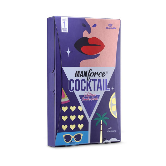 MANFORCE Cocktail Edition Combo Pack Condoms Mix Flavours (Chocolate-Hazelnut, Strawberry-Vanilla, Double Apple, Pineapple & Litchi) Premium Latex Dotted & Ribbed Extra Pleasure 20 Sheets