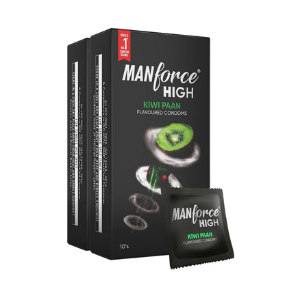Manforce High Kiwi Paan Flavoured Condoms for Men 10 Count Ultra Thin Lubricated Latex Condoms For Her Enhanced Pleasure x Pack of 2