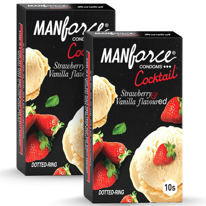 Manforce Cocktail Strawberry & Vanilla Flavoured Condoms for Men 20 Count Double the Fun with Double Flavour Extra Dotted for Her Extra Stimulation