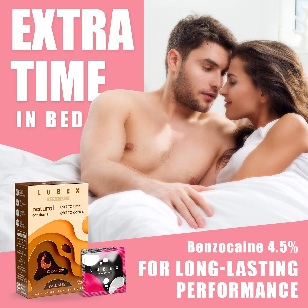 Lubex 6 in 1 Extra Time Condoms - Long Lasting with Disposable Bags - Ultra Thin & Extra Dotted - Chocolate Flavour - 12 Condom (Pack of 1)