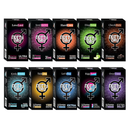 NOTTY BOY Condom For Man Combo Pack of 100 Pieces (Set of 10) - Big Dotted, Extra Delay, Ultra Thin, Ribbed, Lubricated, 4-IN-1, Snug Fit, Flavours and 3inOne