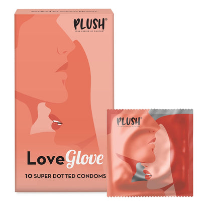 Plush LoveGlove Extra Super Dotted Condoms For Men, Unflavoured - 10 Count Naturally Sourced Latex For Sensitive Skin Designed For Comfortable Fit, No Benzocaine, Vegan
