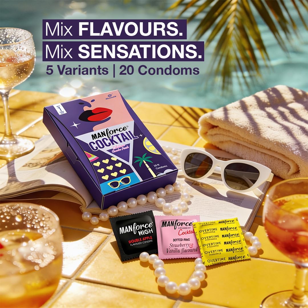 MANFORCE Cocktail Edition Combo Pack Condoms Mix Flavours (Chocolate-Hazelnut, Strawberry-Vanilla, Double Apple, Pineapple & Litchi) Premium Latex Dotted & Ribbed Extra Pleasure 20 Sheets
