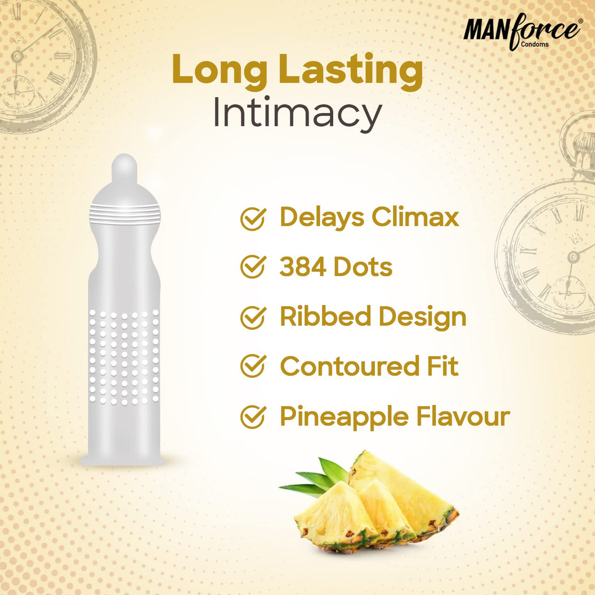 Manforce Overtime Pineapple Flavoured Condoms for Men 20 pcs Dotted, Contoured & Ribbed Condoms For Long-Lasting Pleasure Of Both India’s No. 1 Condom Brand for Safe Sex